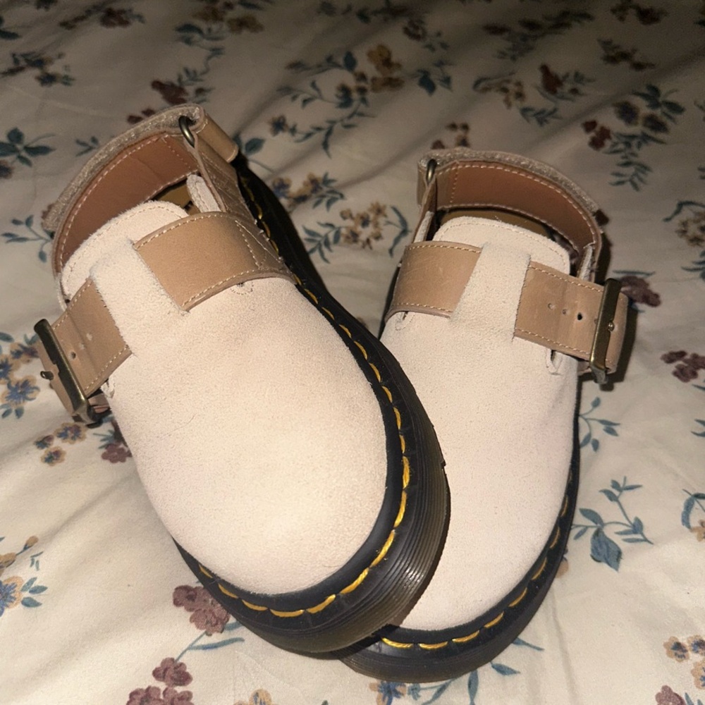 Dr. Martens Cream Mules & Clogs with Thick Sole and Textured Fabric